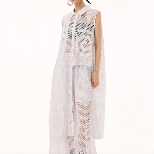 Load image into Gallery viewer, Women White Hollow Out Big Size Long Elegant Shirt Dress New Lapel Sleeveless Fashion Tide Spring Autumn 2025 1DH9424
