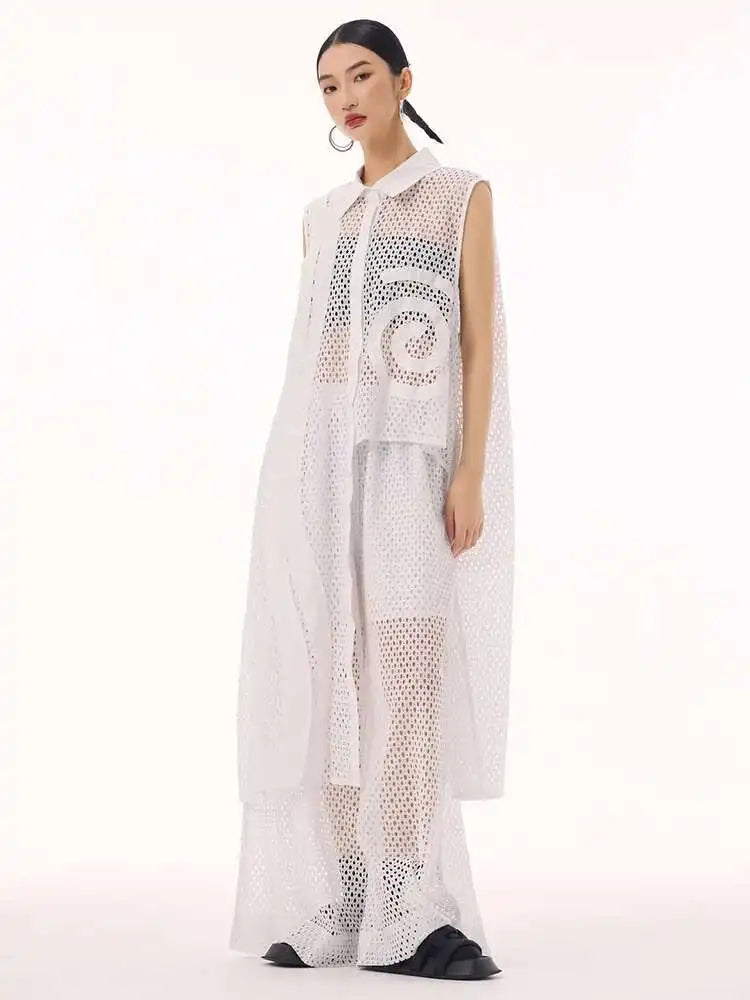 Women White Hollow Out Big Size Long Elegant Shirt Dress New Lapel Sleeveless Fashion Tide Spring Autumn 2025 1DH9424