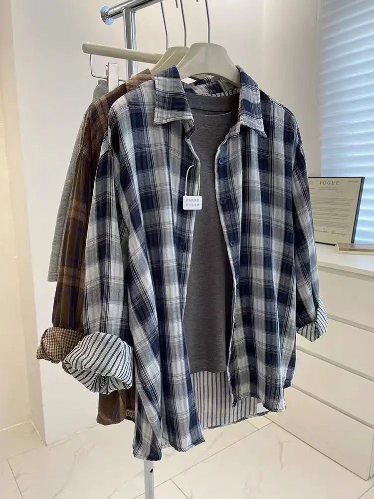 Autumn Vintage Blue Checkered Single Breasted Shirt Women New Brown Plaid Casual Loose Long Sleeve Fashion Versatile Blouses Top