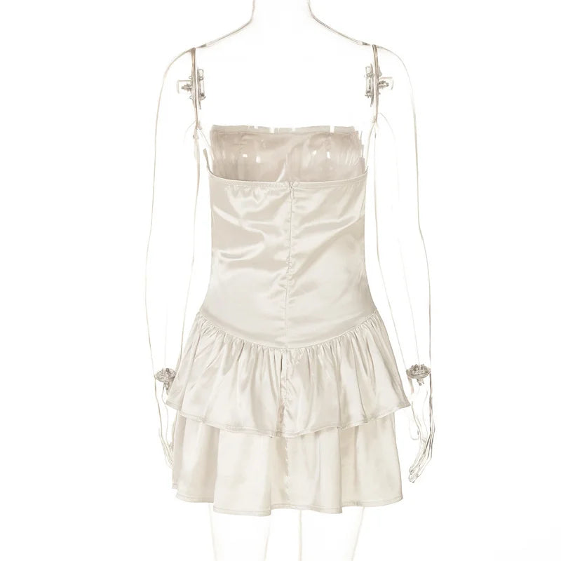 Satin Strapless Sexy Mini Dress Women Fashion Off-shoulder Sleeveless Backless High Waist Ruffle Club Party Dress