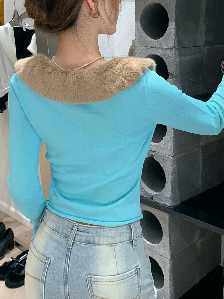 Colorblock Slimming Patchwork Fur Collar Sweaters For Women V Neck Long Sleeve Sexy Knitting Sweater Female