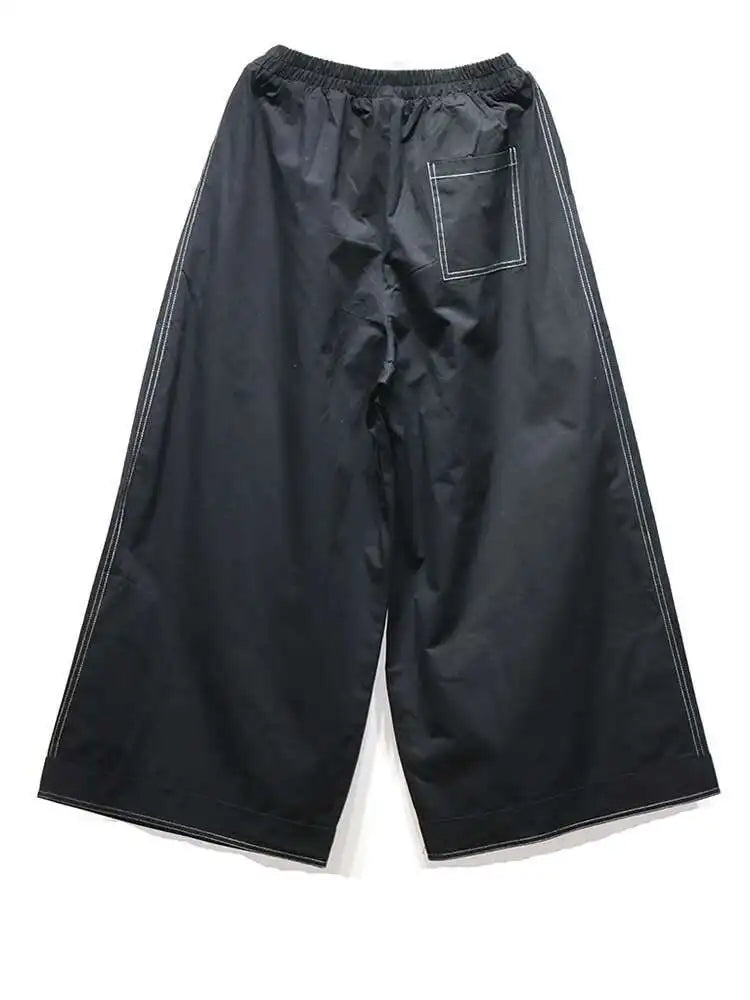 High Elastic Waist Black Topstitched Pocket Wide Leg Pants New Trousers Women Fashion Tide Spring Autumn 2025 1DJ0612