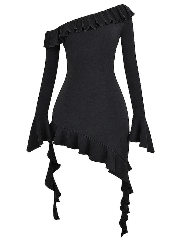 Elegant Long Sleeved Dress For Women Sloping Shoulders Bodycon Female Wrap Buttocks Dress Slim Party Club Evening Dress