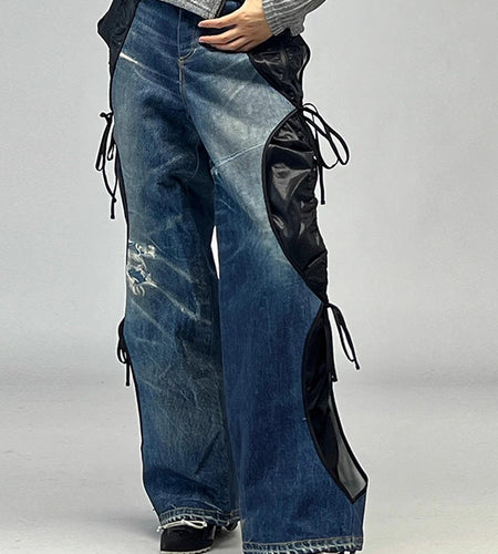 Hit Color Spliced Lace Up Fashion Wide Leg Pants for Women High Waist Sense of Design Long Pant Female Clothing New