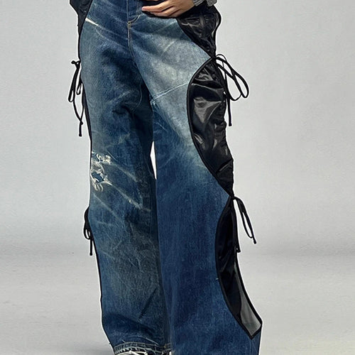 Load image into Gallery viewer, Hit Color Spliced Lace Up Fashion Wide Leg Pants for Women High Waist Sense of Design Long Pant Female Clothing New
