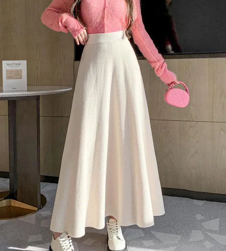 French Fashion Winter Autumn Warm Women Solid Knit Long Skirt Retro Elastic High Waist Ruffle Edge A-line Pleated Skirt 2024 New