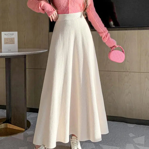 Load image into Gallery viewer, French Fashion Winter Autumn Warm Women Solid Knit Long Skirt Retro Elastic High Waist Ruffle Edge A-line Pleated Skirt 2024 New
