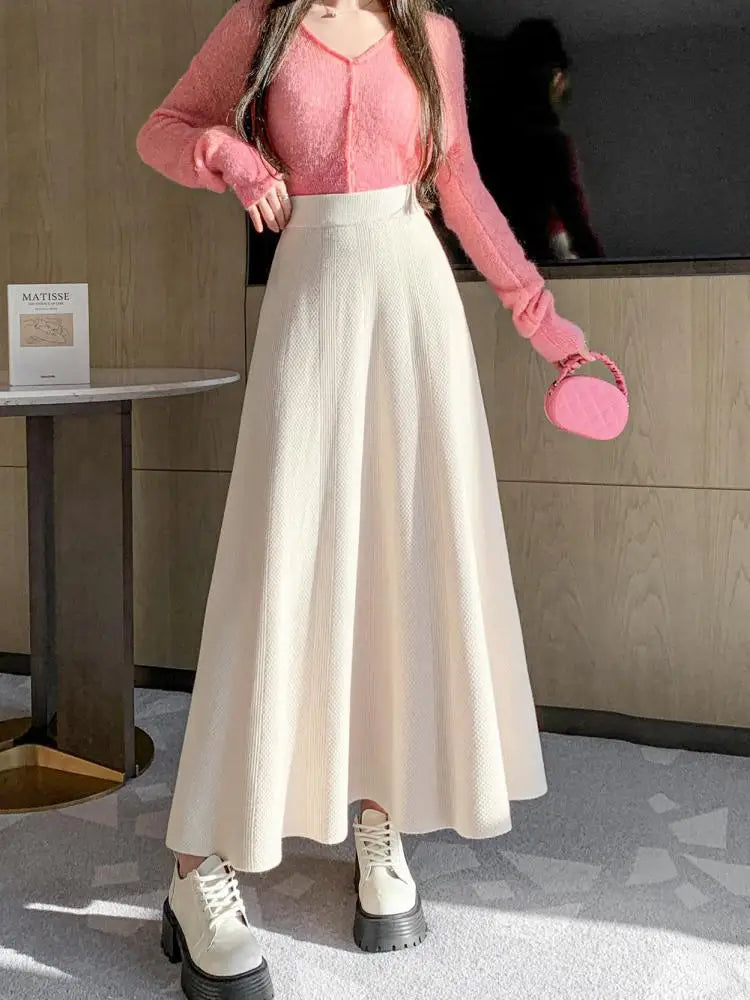 French Fashion Winter Autumn Warm Women Solid Knit Long Skirt Retro Elastic High Waist Ruffle Edge A-line Pleated Skirt 2024 New