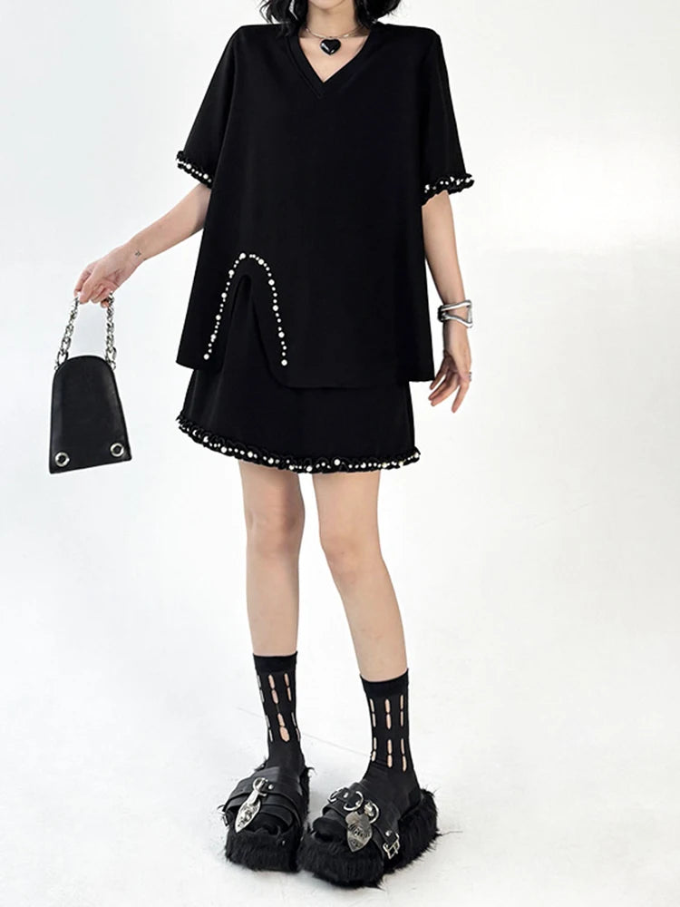 Black Pearled T-shirt Mini Skirt Two Pieces Suit New Round Neck Short Sleeve Women Fashion Spring Summer 2025 1DJ1124