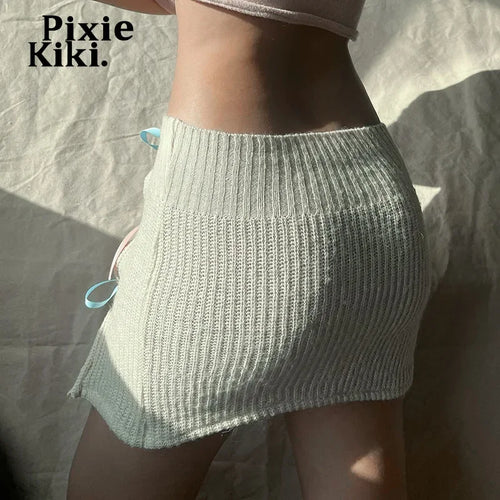 Load image into Gallery viewer, Japanese Y2k Coquette White Knitted Mini Skirt Bow Tie Hollow Irregular Skirts for Woman Cute Kawaii Clothes P85-BB10
