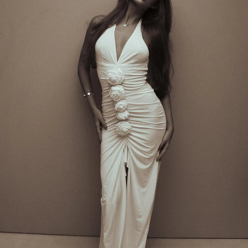 Load image into Gallery viewer, White Floral Ruched Sexy Maxi Dress For Women Gown Halter Deep V Neck Sleeveless Ruffled Bodycon Club Long Dress
