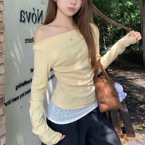Load image into Gallery viewer, y2k Aesthetic Tops 2000s Women Clothes Lace Patchwork Off Shoulder Long Sleeve T Shirts Fairycore Clothing Streetwear
