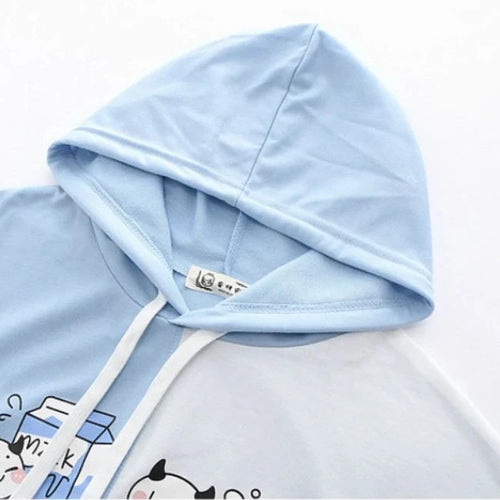 Load image into Gallery viewer, Women Cartoon Print Funny Hooded Sweatshirts Short Sleeve Patchwork Hit Color Hoodie Loose Pullovers Tracksuit With Pocket
