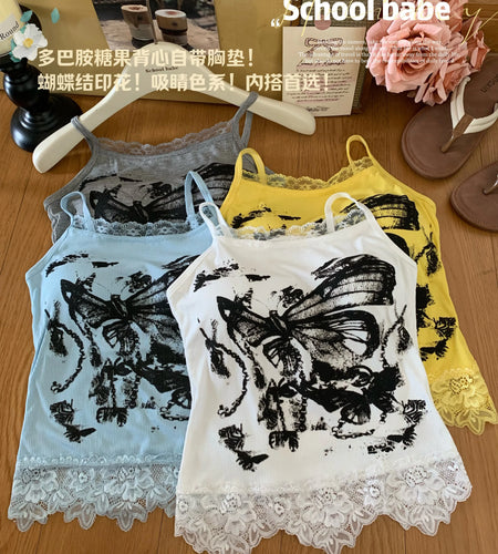 Women Summer Butterfly Print Patchwork Lace Elegant Backless Vacation Knit Slip Short Tops Vintage Sleeveless Sexy Club Vest New