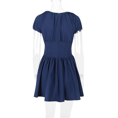 Load image into Gallery viewer, Square Collar Pleated Mini Dress For Women Navy Blue Fashion Short Sleeve Backless A-line Club Party Sexy Dress Elegant
