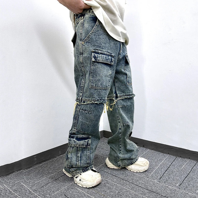Men's Jeans Washed Denim Pants Multiple Pockets Stitched Edges Distressed Design Male Trousers Summer Overalls 9W1771