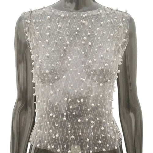 Load image into Gallery viewer, See Through Mesh Sleeveless Tops For Women Fashion Sheer Pearl Sexy Tank Tops Femme Club Party T-shirt New
