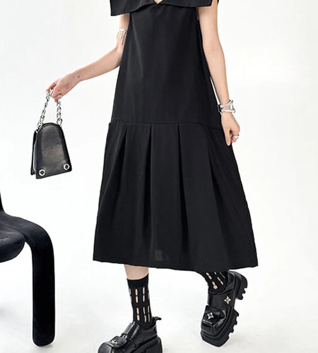 Women Black Brief Pleated Elegant Midi A-line Dress New Sailor Collar Sleeveless Fashion Tide Spring Summer 2025 1DJ1163