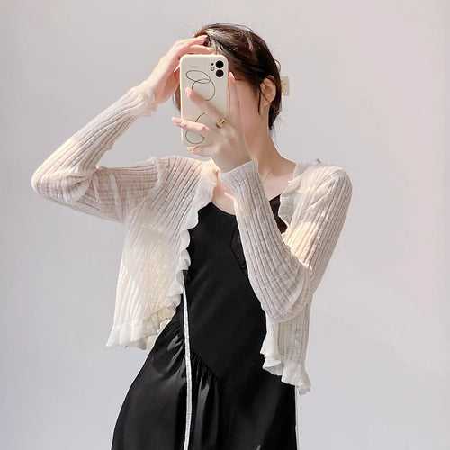 Load image into Gallery viewer, New Spring Summer Solid Long Sleeved Festival Elegant Slim Cardigan Knitted Tops Ladies Sun Protection Lace-up Ruffle Edge Coat
