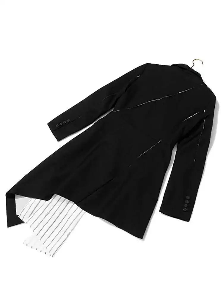 Women Black White Striped Spliced Irregular Dress New Round Neck Full Sleeve Loose Fit Fashion Spring Autumn 2025 1A320