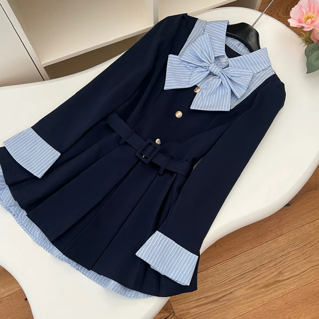 Autumn Vintage Blue Stripe Patchwork Elegant Long Sleeve Mini Dress Women College Style Button Pleated Short Dress Fashion Trend