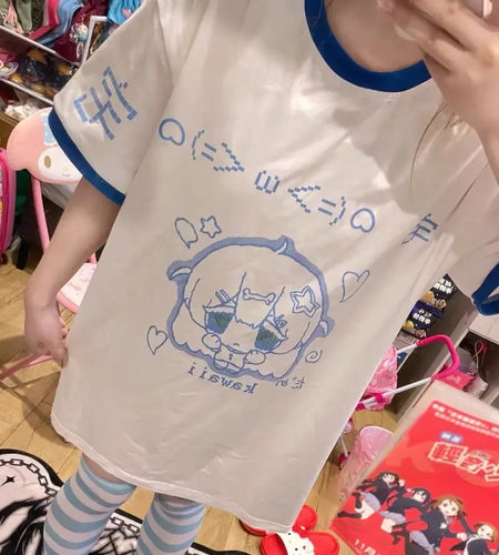 Japanese Woman Tshirts Y2k Tops Cartoon Short Sleeve O-neck White Tees Oversized T Shirts 2024 Ropa Mujer Casual White T-shirt