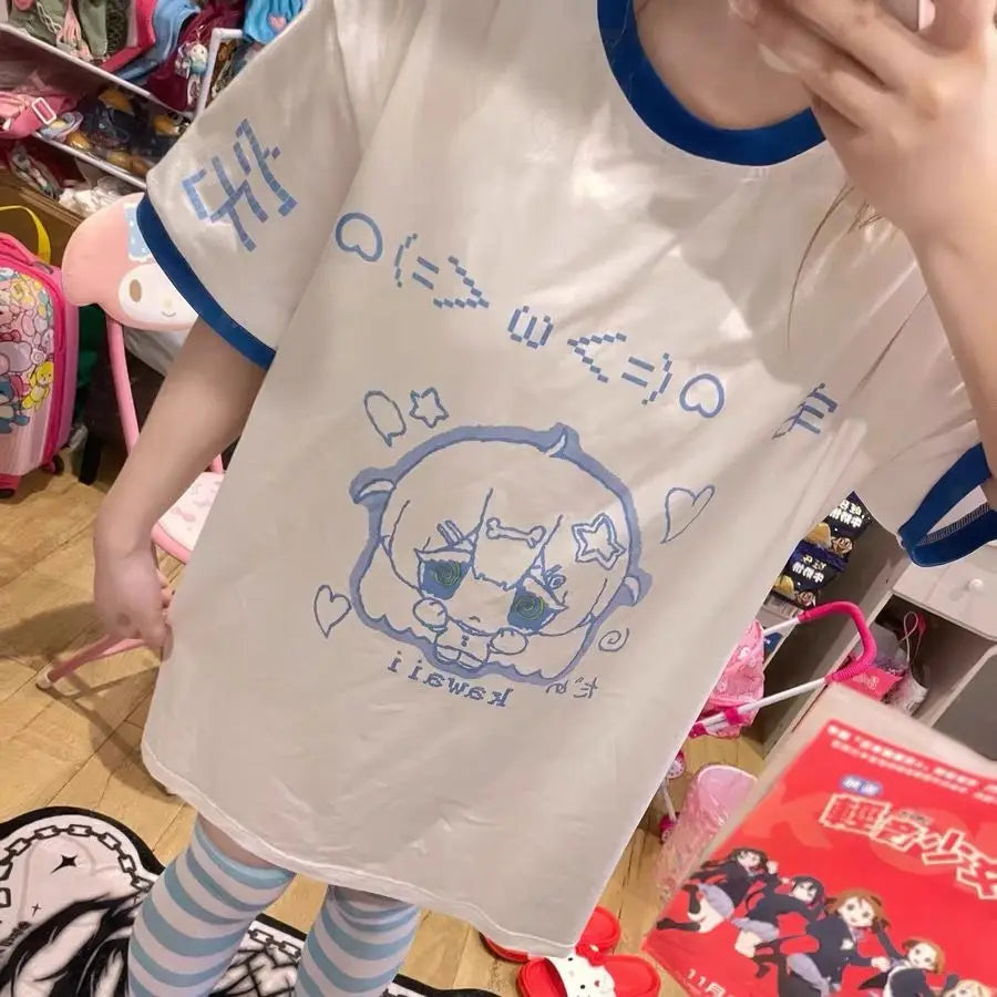 Japanese Woman Tshirts Y2k Tops Cartoon Short Sleeve O-neck White Tees Oversized T Shirts 2024 Ropa Mujer Casual White T-shirt