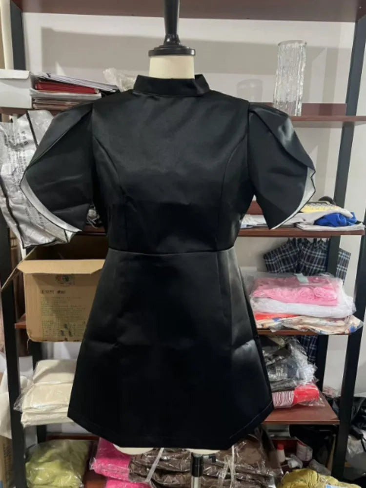 Elegant Short Sleeved Satin Slim Fit Backless  Hollow Out Bow Mini Dress For Women's Fashionable Street Party Clothing