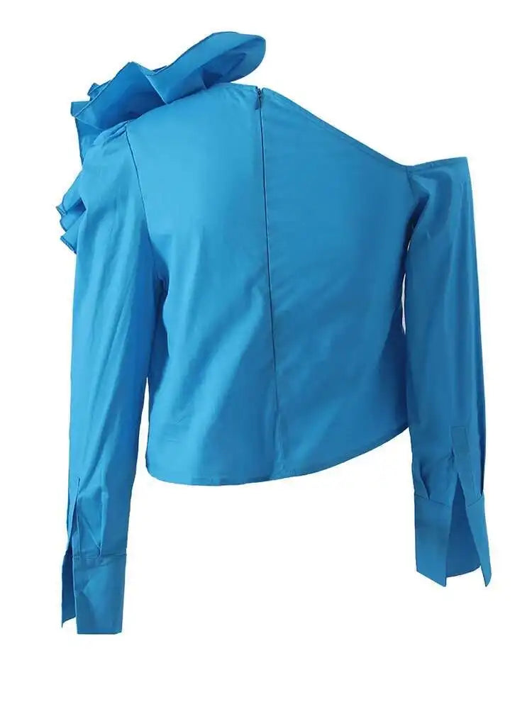 Women Blue Three-dimensional Flower Elegant Blouse New Skew Collar Long Sleeve Shirt Fashion Spring Autumn 2025 YX0390