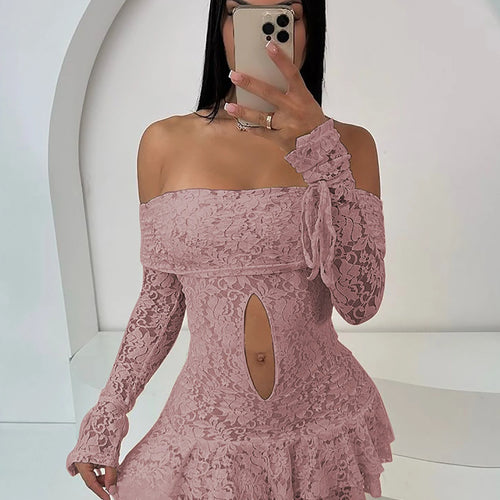 Load image into Gallery viewer, Floral Print Slash Neck Long Sleeve Lace Up Hollow Out Sexy Slim Pleated Mini Dress Women Elegant Outfit Party Festival

