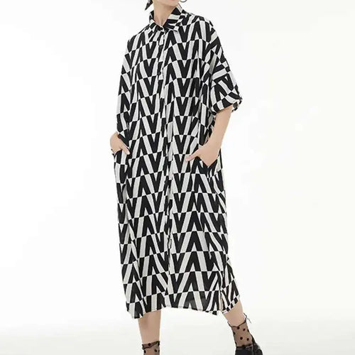 Load image into Gallery viewer, Women Black Pattern Printed Big Size Long Shirt Dress New Lapel Half Sleeve Loose Fit Fashion Spring Summer 2025 1DE9944
