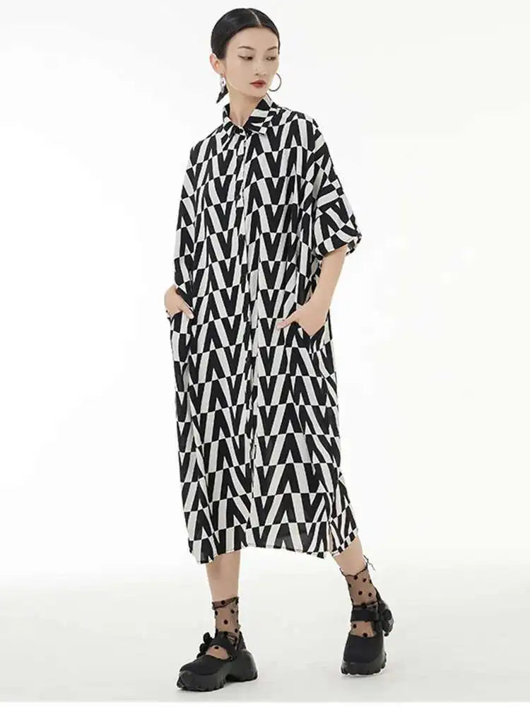 Women Black Pattern Printed Big Size Long Shirt Dress New Lapel Half Sleeve Loose Fit Fashion Spring Summer 2025 1DE9944