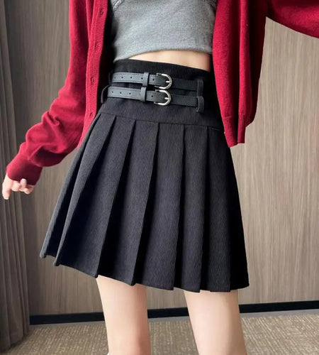 French Fashion Black Beige High Waist Mini Pleated Skirt Women 2024 New Autumn Winter Retro Brown Corduroy Versatile Short Skirt