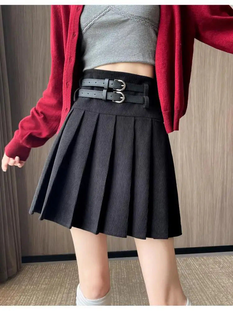 French Fashion Black Beige High Waist Mini Pleated Skirt Women 2024 New Autumn Winter Retro Brown Corduroy Versatile Short Skirt