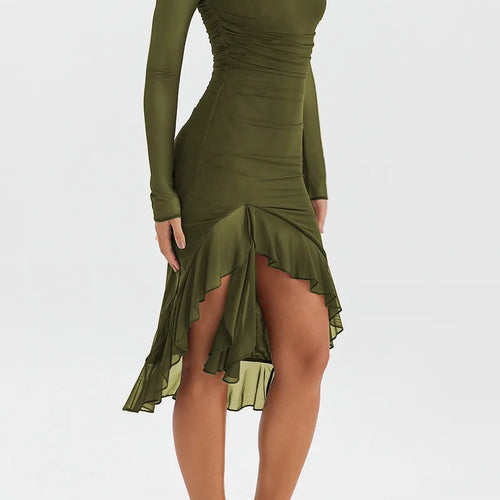 Load image into Gallery viewer, Elegant Ruffle Ruched Midi Dress For Women Robe Sheer Long Sleeve Backless Irregular Club Party Sexy Dress Vestido
