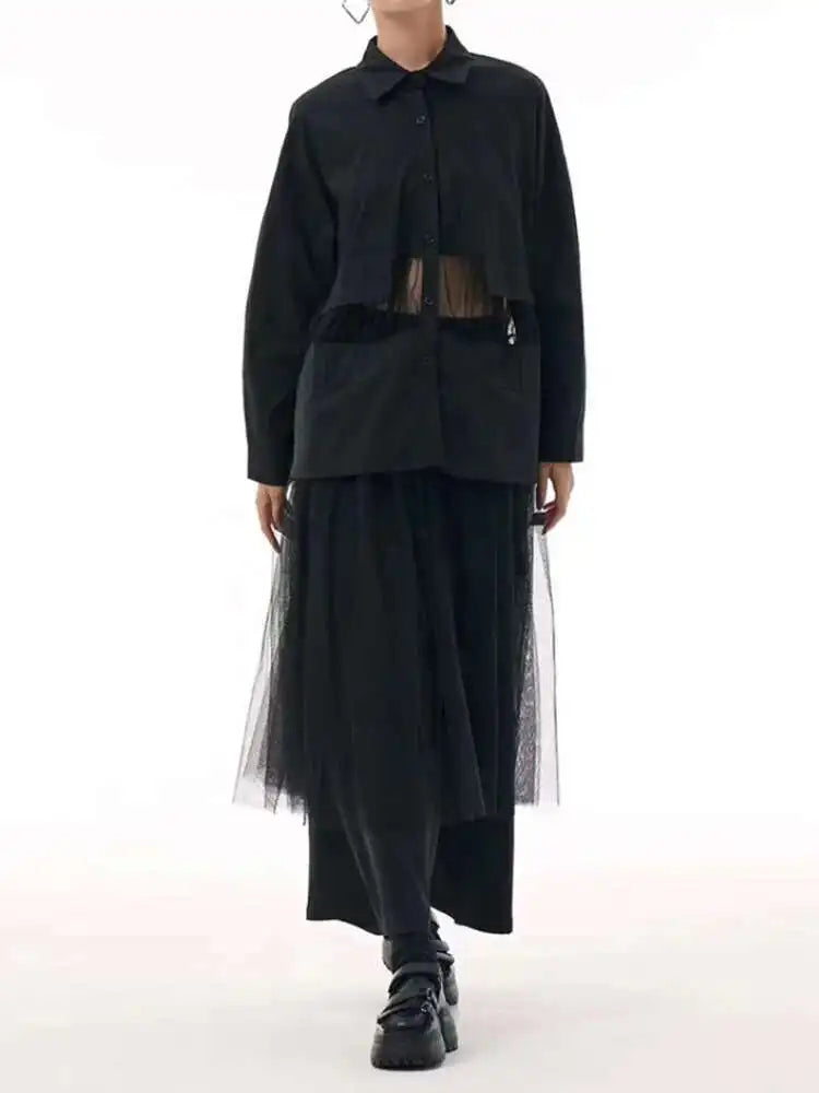 Women Black Mesh Perspective Big Size Midi Shirt Dress New Lapel Long Sleeve Fashion Tide Spring Autumn 2025 1DJ0140