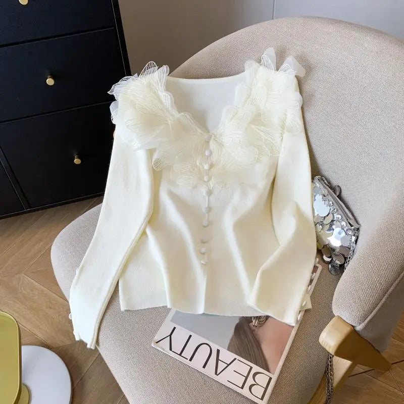 Autumn Winter Black Beige Elegant V Neck Short Knitted Sweater French Women Pink Single Breasted Long Sleeved Pullover Tops Chic