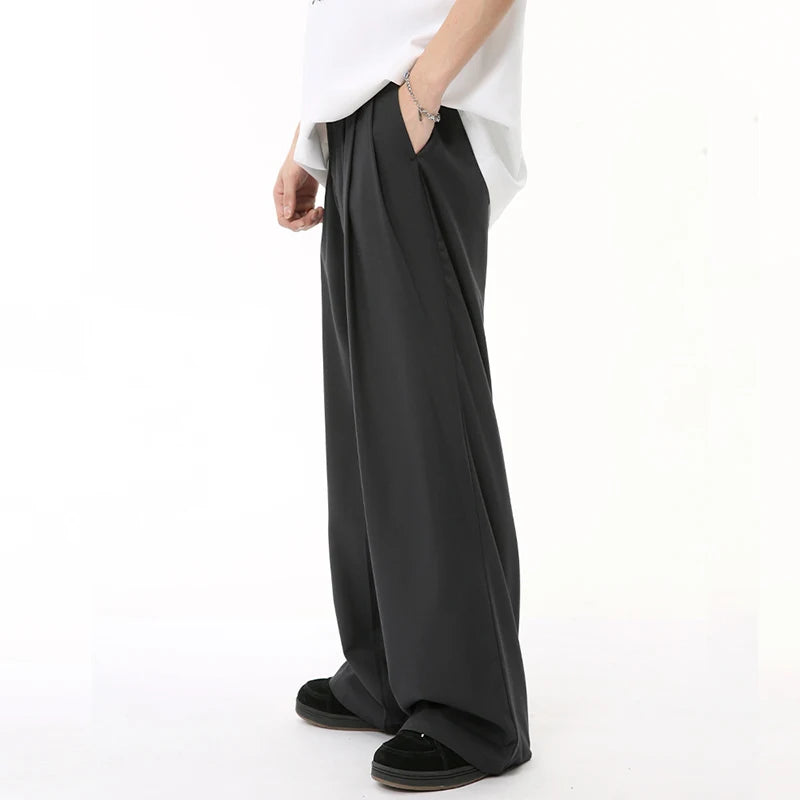 Trend Men's Suit Pants Free Draping Pleated Droop Bottom Straight Wide Leg Solid Color Male Casual Bottom Summer 9C6592