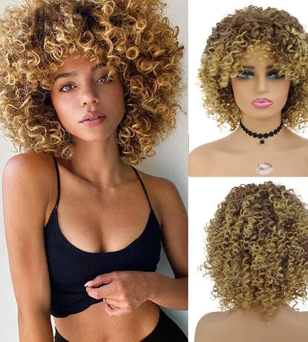 Synthetic Short Curly Wig Natural Hair with Bangs Brown Ombre Blonde Wigs Bounce Fluffy Bob Curls Wigs for Black Women