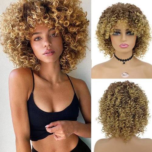 Load image into Gallery viewer, Synthetic Short Curly Wig Natural Hair with Bangs Brown Ombre Blonde Wigs Bounce Fluffy Bob Curls Wigs for Black Women
