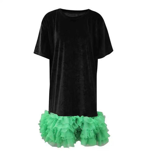 Load image into Gallery viewer, Women Green Mesh Ruffles Hem Big Size Knee-Length Dress New Round Neck Short Sleeve Fashion Spring Summer 2025 CPG2904
