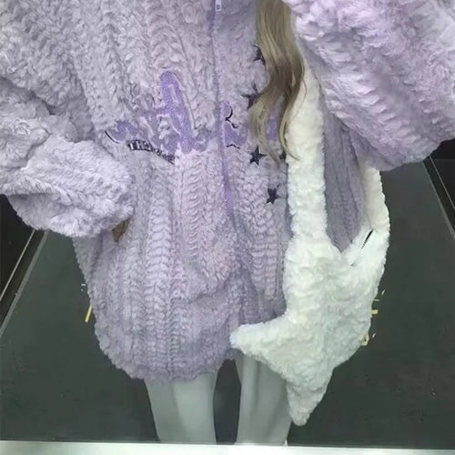 Load image into Gallery viewer, Japanese Embroidery Star Fluffy Women Coats Fashion Sweet Y2k Aesthetic Oversized Jackets Grunge Casual Loose Zipper Purple Coat
