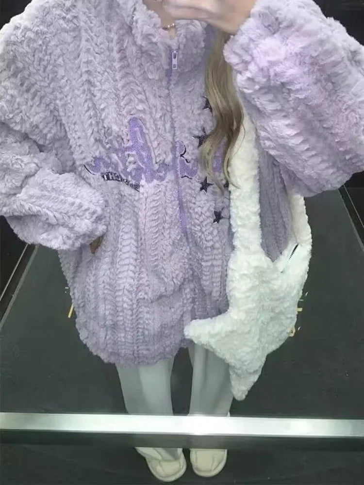 Japanese Embroidery Star Fluffy Women Coats Fashion Sweet Y2k Aesthetic Oversized Jackets Grunge Casual Loose Zipper Purple Coat