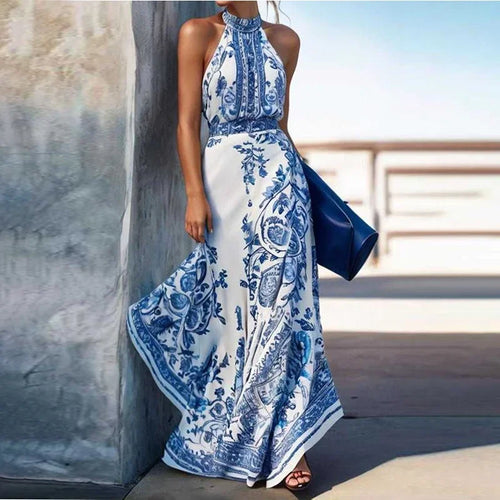 Load image into Gallery viewer, Women Beach Vacation Flower Print Maxi Dresses 2025 New Halterneck Contrast Color Boho A-line Long Dresses for Woman
