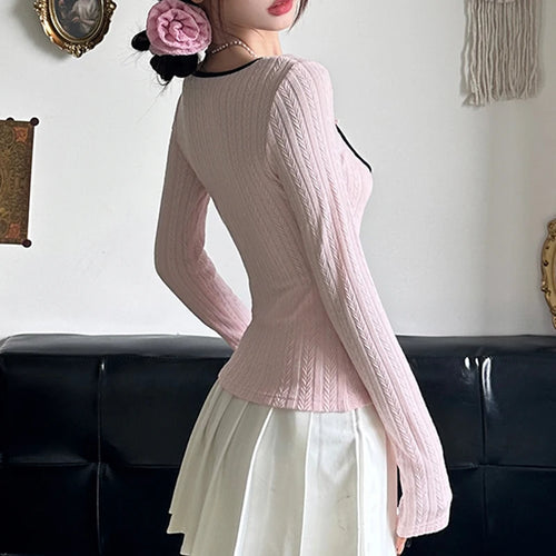 Load image into Gallery viewer, Sweet Korean Square Neck Slim Women T-shirts Bow Ruched Stitching Autumn Top Tee Coquette Clothes Girls Knitted Shirt
