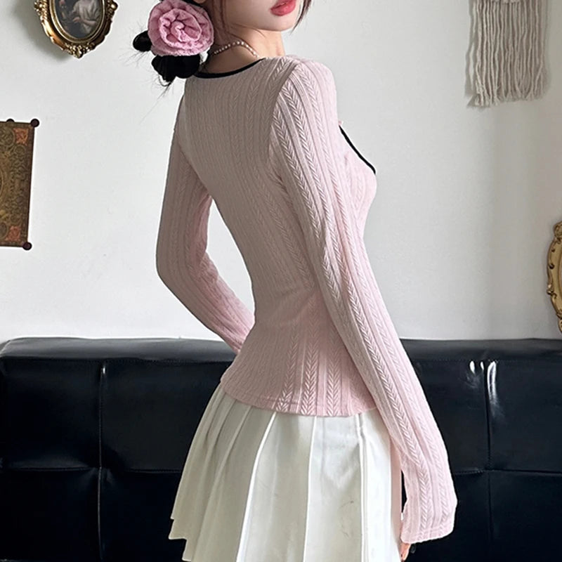 Sweet Korean Square Neck Slim Women T-shirts Bow Ruched Stitching Autumn Top Tee Coquette Clothes Girls Knitted Shirt