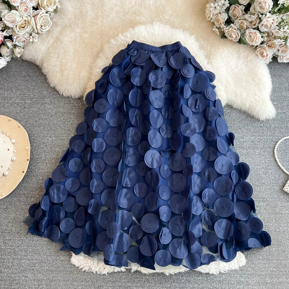 Solid 3d Flower Mesh Splicing Round Polka Dots Casual Skirt Spring Autumn Women Elastic High Waist Midi Skirt Kroean Style Trend