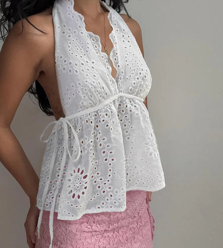 Y2K Aesthetics Jacquard Hollow Camis Women Summer Backless Vacation Halter Tops Lace Patchowork Hottie Clothes Trend