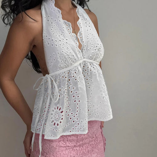 Load image into Gallery viewer, Y2K Aesthetics Jacquard Hollow Camis Women Summer Backless Vacation Halter Tops Lace Patchowork Hottie Clothes Trend
