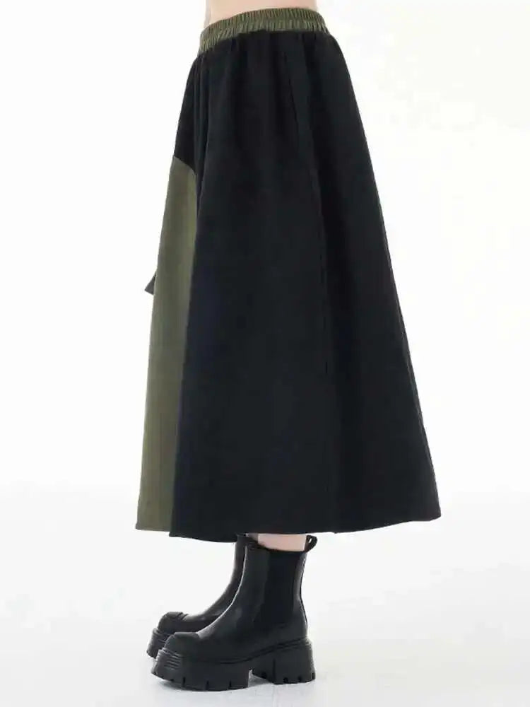 High Elastic Waist Color-block Asymmetric Green A-line Half-body Skirt Women Fashion Tide New Spring Autumn 2025 1DH3872